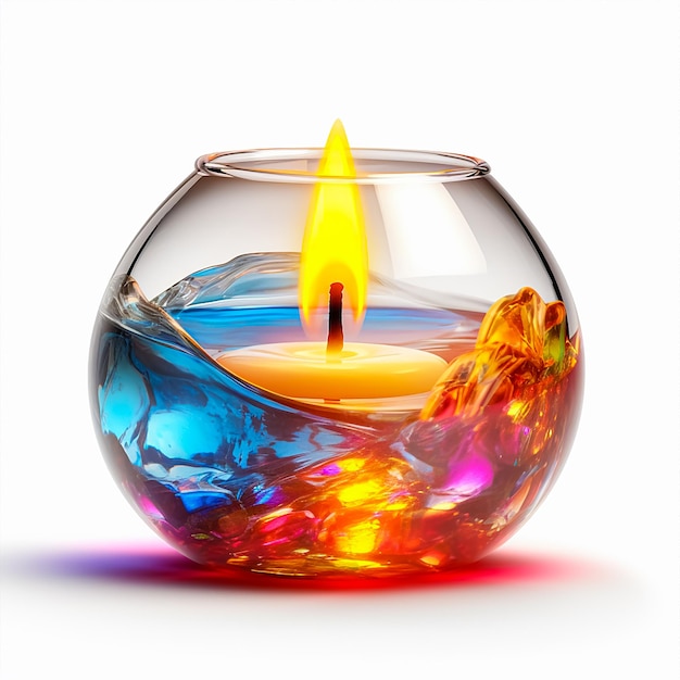 A lit candle in a glass bowl with a mountain in the background.