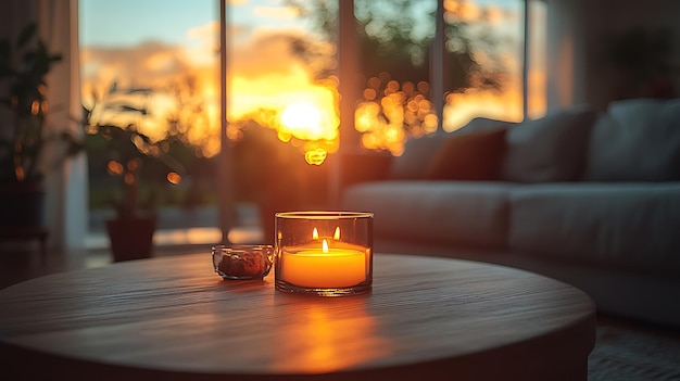 A lit candle in a glass jar on a wooden coffee table in front of a sunset