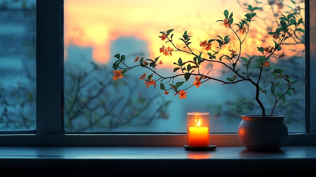 A lit candle and a potted plant with blossoms sit on a windowsill overlooking a sunset cityscape