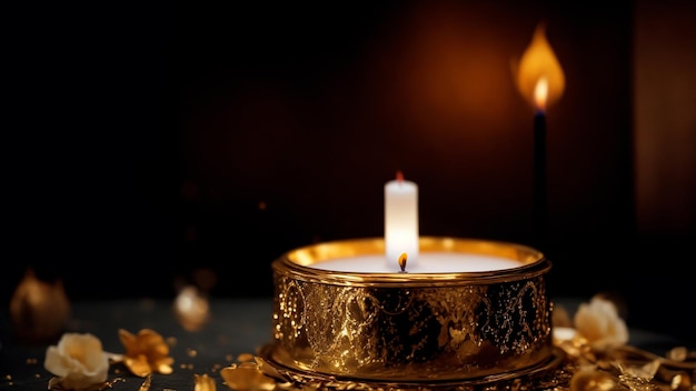 a lit candle sitting on top of a gold plate a still life by Wolfgang Zelmer glitter