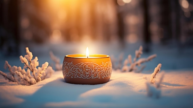 Photo lit candle on snow covered ground