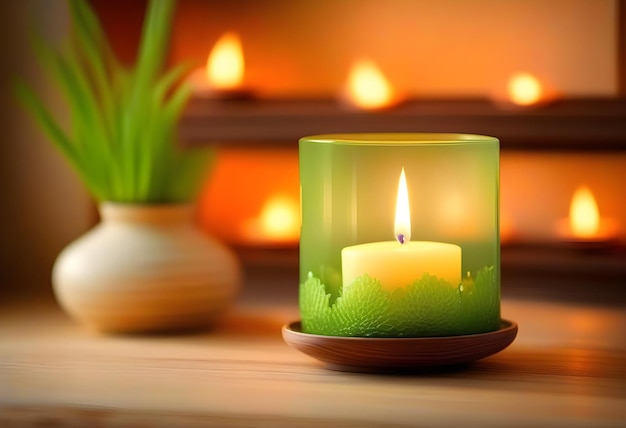 A lit candle on a table surrounded by flowers and plants