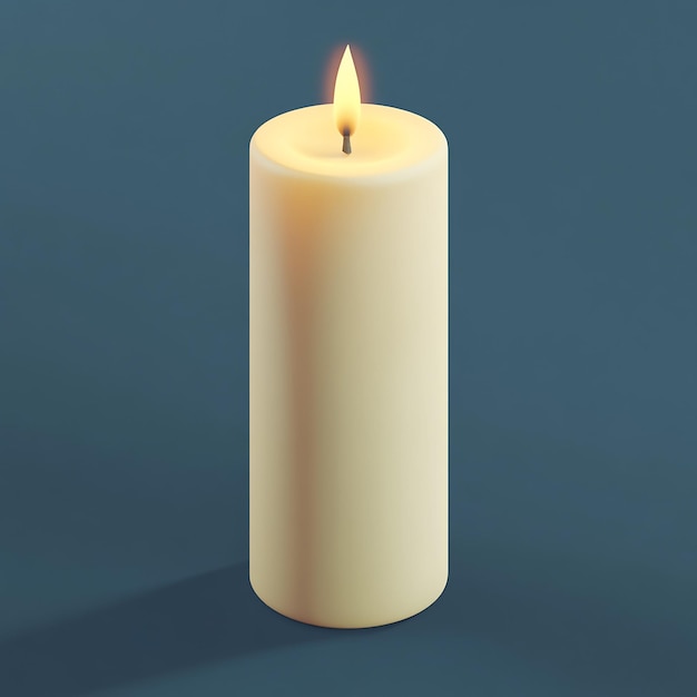 a lit candle that is on a blue background