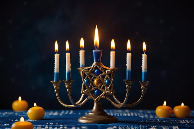 Photo a lit candle that is lit up with the word jewish on it