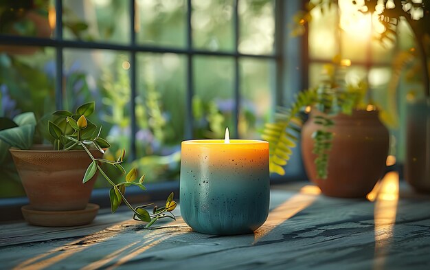 A lit candle on a windowsill with plants and sunlight streaming in