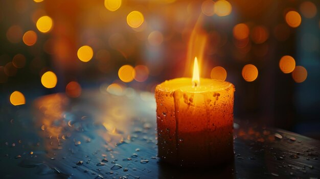 Lit candle with floral embellishments inside the wax set on a wooden surface with a sunset and soft bokeh lights in the background