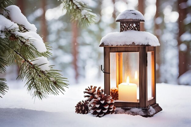 Lit Christmas lantern under the Christmas tree in the snow covered with snow at night outdoors Christmas mood Selective focus Space for copy