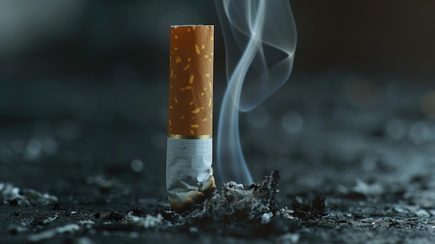 A lit cigarette with smoke rising suitable for illustrating addiction or relaxation