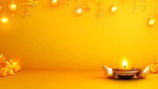 A lit diya with golden floral decorations against a yellow background