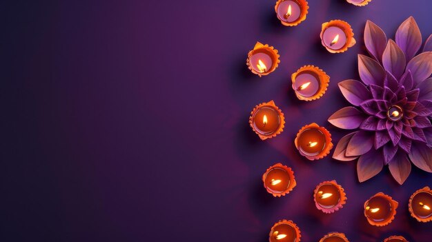 Photo lit diyas arranged with decorative flower on purple backgroundxaxa