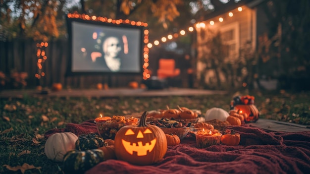 A lit jackolantern sits on a blanket in front of a backyard movie screen