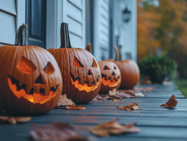 Photo lit jackolanterns on a porch with autumn leaves