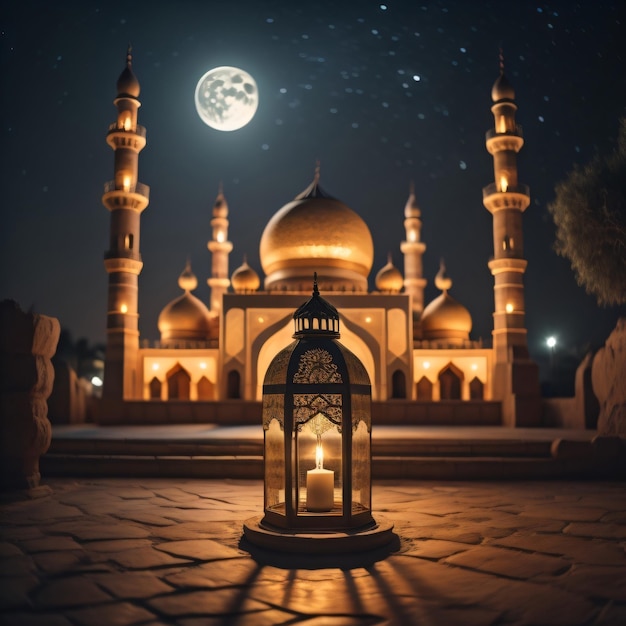 A lit lantern is in front of a mosque with the moon in the background