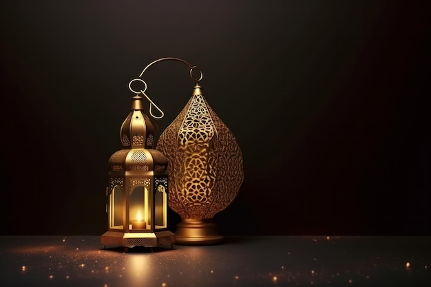 A lit lantern on a table in front of a dark background