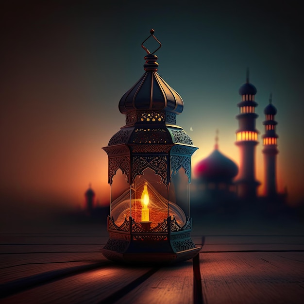 A lit lantern with a blurry background and a blurry image of a mosque in the background.