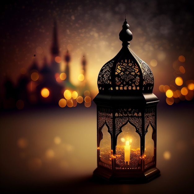 A lit lantern with the word ramadan on it