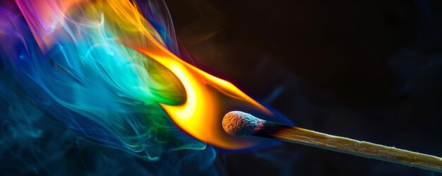 Photo lit matchstick with colorful flame against dark background abstract concept