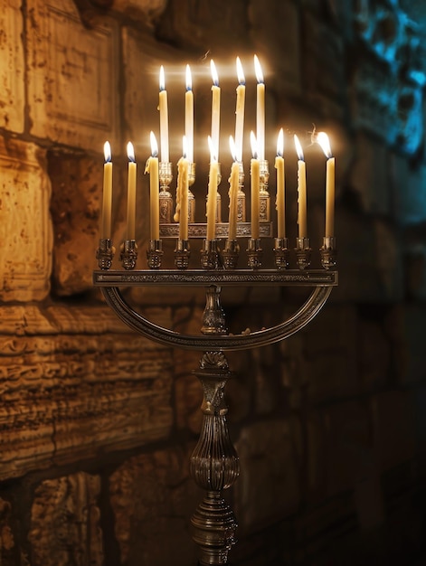 Lit menorah with candles on it