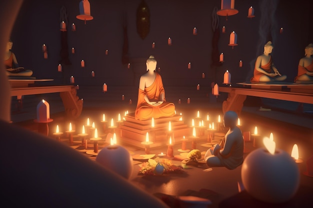 A lit room with a buddha sitting in front of a lit candle.