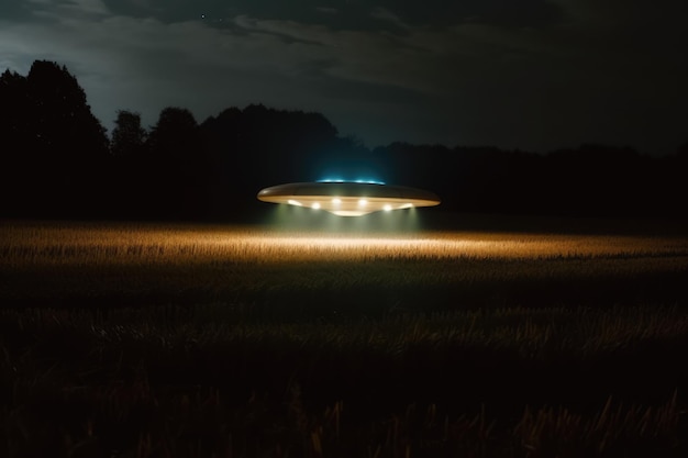 Lit ufo hovering above field at night created using generative ai technology