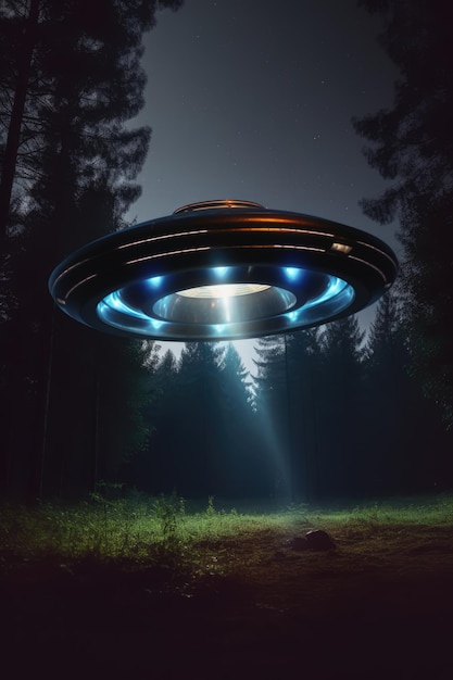 Lit ufo hovering above field at night created using generative ai technology