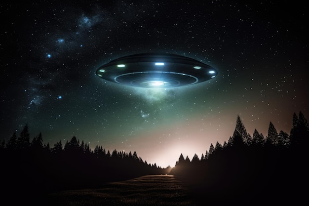 Lit ufo hovering above field at night created using generative ai technology