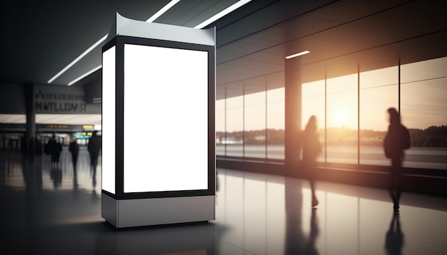 A lit up billboard in an airport with a woman walking in the background.