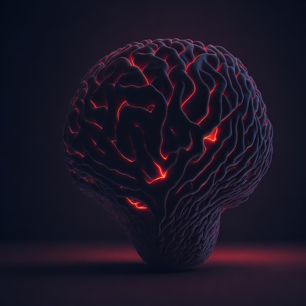 A lit up brain with red lights is on a dark background.