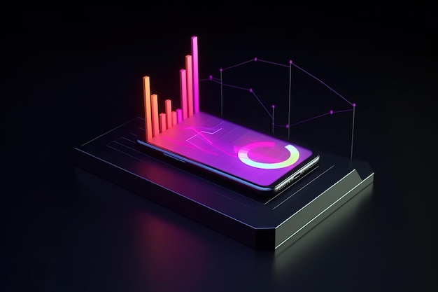 A lit up cell phone with a bar chart on the top