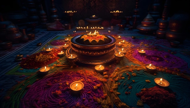 A lit up circle of candles in the dark with the words diwali on the bottom.