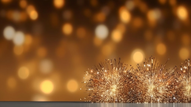 A lit up display of fireworks with a gold background.