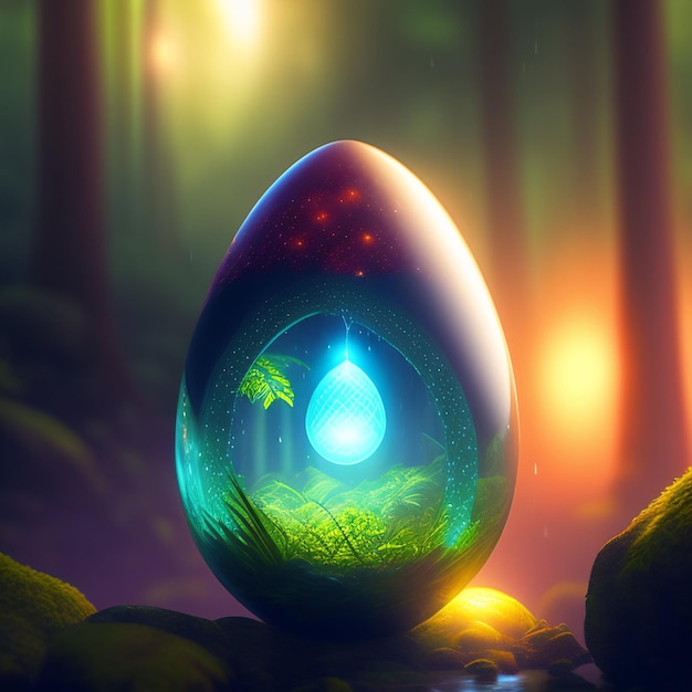 A lit up egg with a blue drop inside