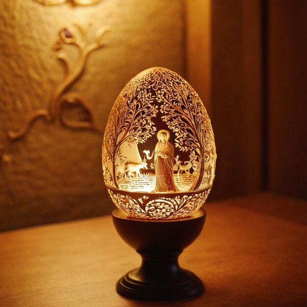 a lit up egg with a picture of a woman and a woman on the cover