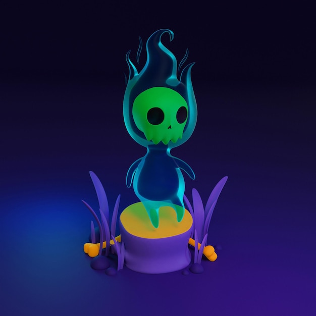 A lit up figure of a monster with a blue face sits on a purple background.