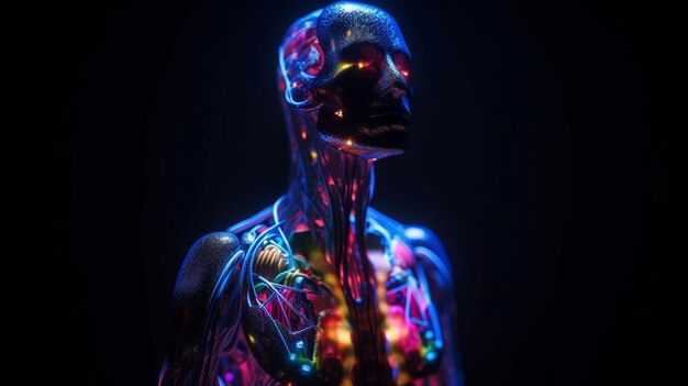 A lit up image of a human body with the words'heart'on it