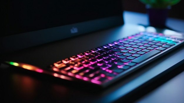 A lit up keyboard with a lit up keyboard on a desk.