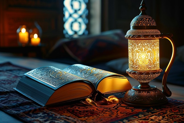 a lit up lamp and a candle on a rug