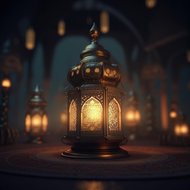 A lit up lamp with the word ramadan on it