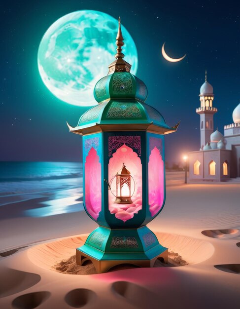 a lit up lantern with the moon in the background