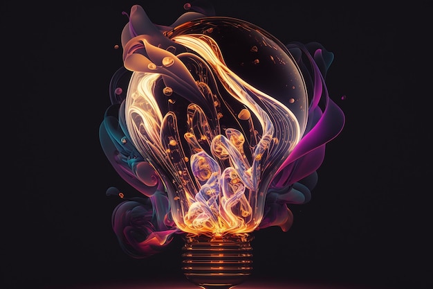 A lit up light bulb with a colorful design on it.