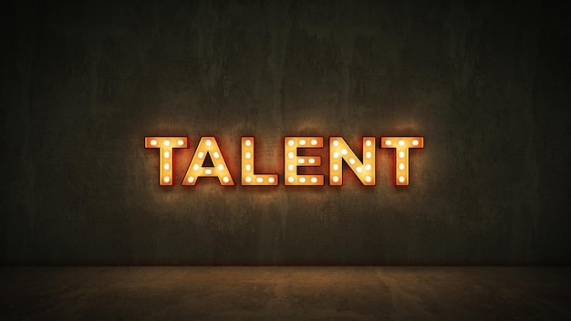 A lit up light bulb with the word talent in yellow letters.