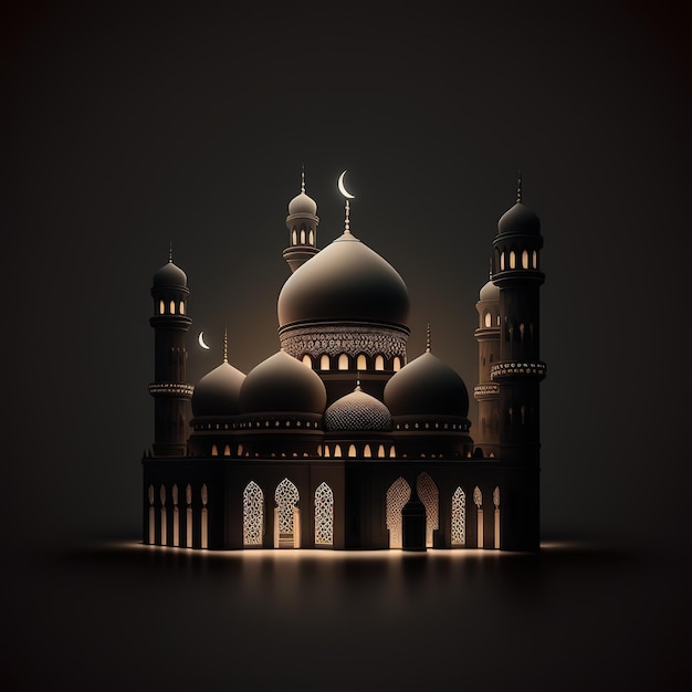 A lit up mosque with a crescent moon on the top.