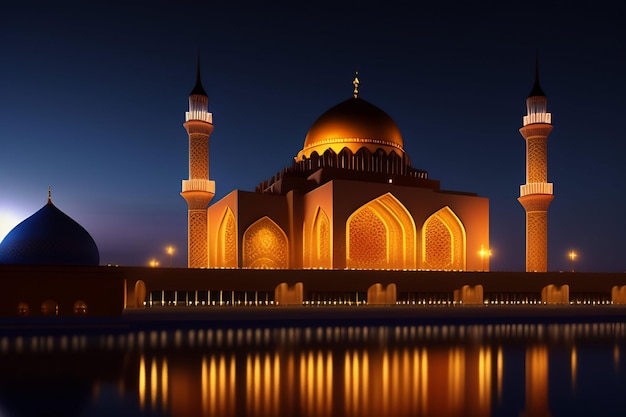 A lit up mosque with the lights on