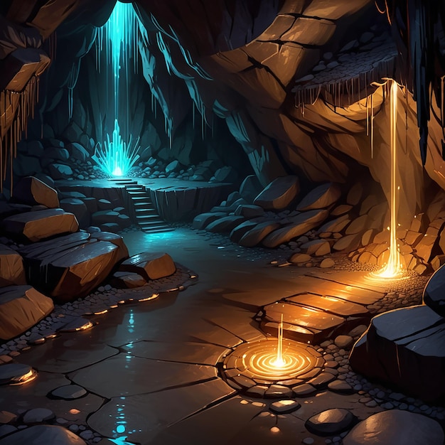 a lit up picture of a cave with a waterfall in the background