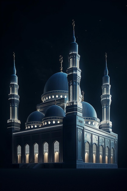 A lit up picture of a mosque with blue domes and the lights lit up.