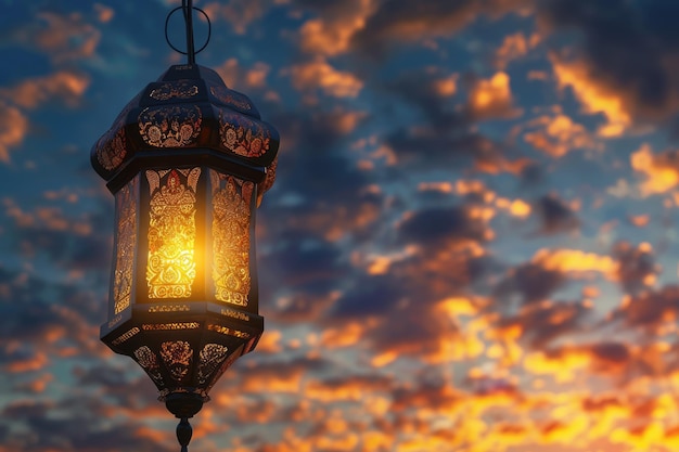 A lit up ramadan lamp against serene and beautiful evening sky Ramadan background