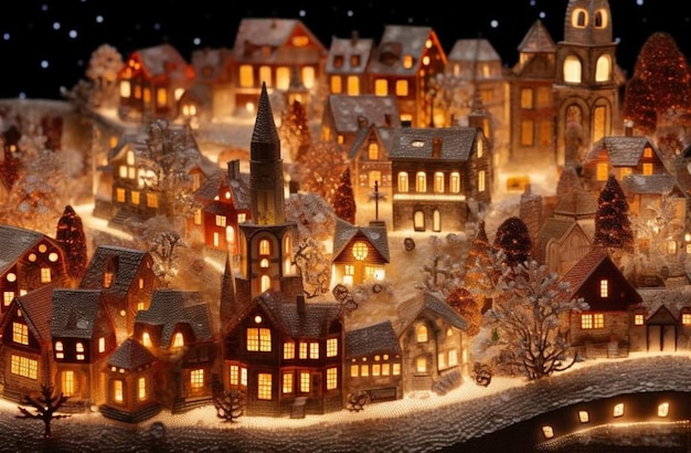 A lit up village with a snowy scene in the middle.