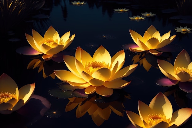 A lit up yellow lotus flower lit up with a dark background.