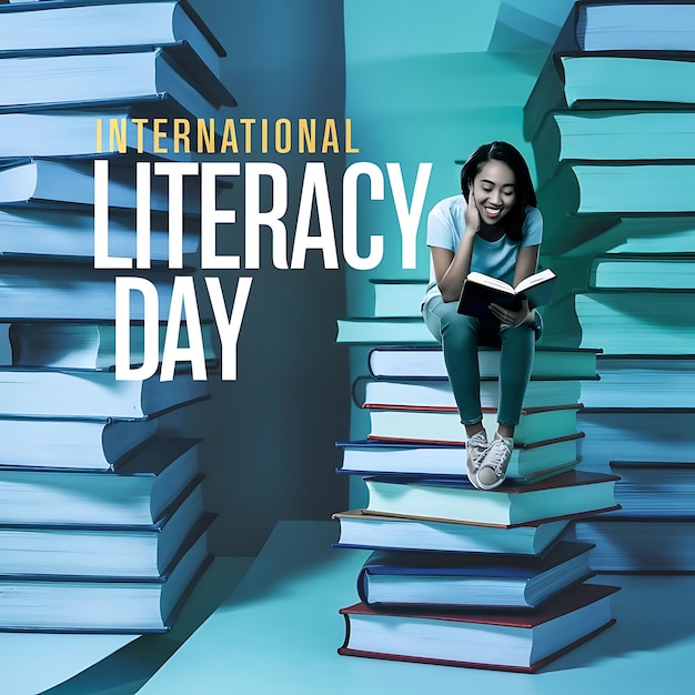 Photo literacy day background banner post conceptual design 8th september international literacy day cover banner with colourful educational icons the theme for 2024 is promoting multilingual education