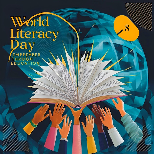 Literacy day poster banner with books background